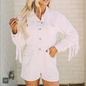 Fringe accent denim romper